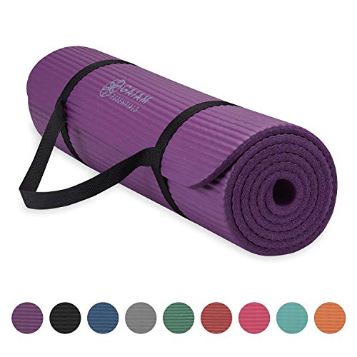 Gaiam Essentials Thick Yoga Mat Fitness & Exercise Mat with Easy-Cinch Yoga Mat Carrier Strap, Purple, 72'L x 24'W x 2/5 Inch Thick