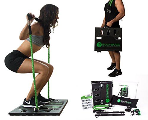 BodyBoss Home Gym 2.0 by 1Loop - Full Portable Gym Workout Package, Includes 1 Set Of 2 Resistance Bands - Collapsible Resistance Bar, 2 Handles + more - Full Body Workouts For Home, Travel or Outside