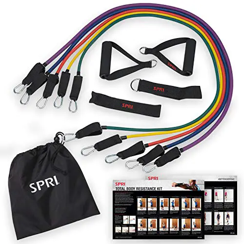 SPRI Resistance Band Kit (5 Exercise Bands, Ankle/Wrist Strap, Door Anchor, Foam Padded Handles, Carry Bag, Exercise Guide)