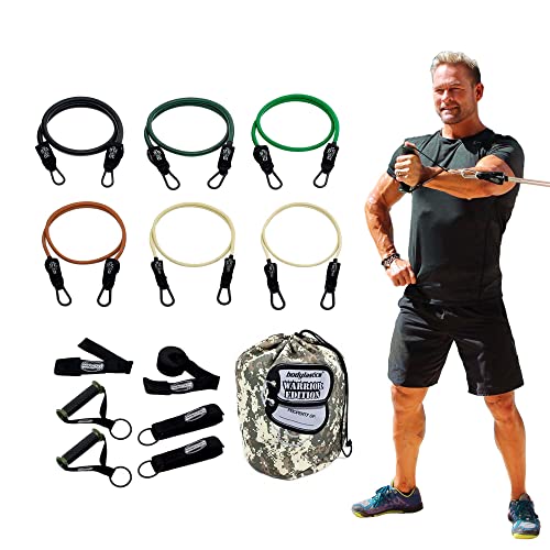 Bodylastics 6 Warrior Resistance Bands for Working Out, Heavy-Duty Exercise Bands with Handles & Gym Ankle Straps, Military-Themed Workout Bands, Up to 156lbs, with Snap Reduction Tech